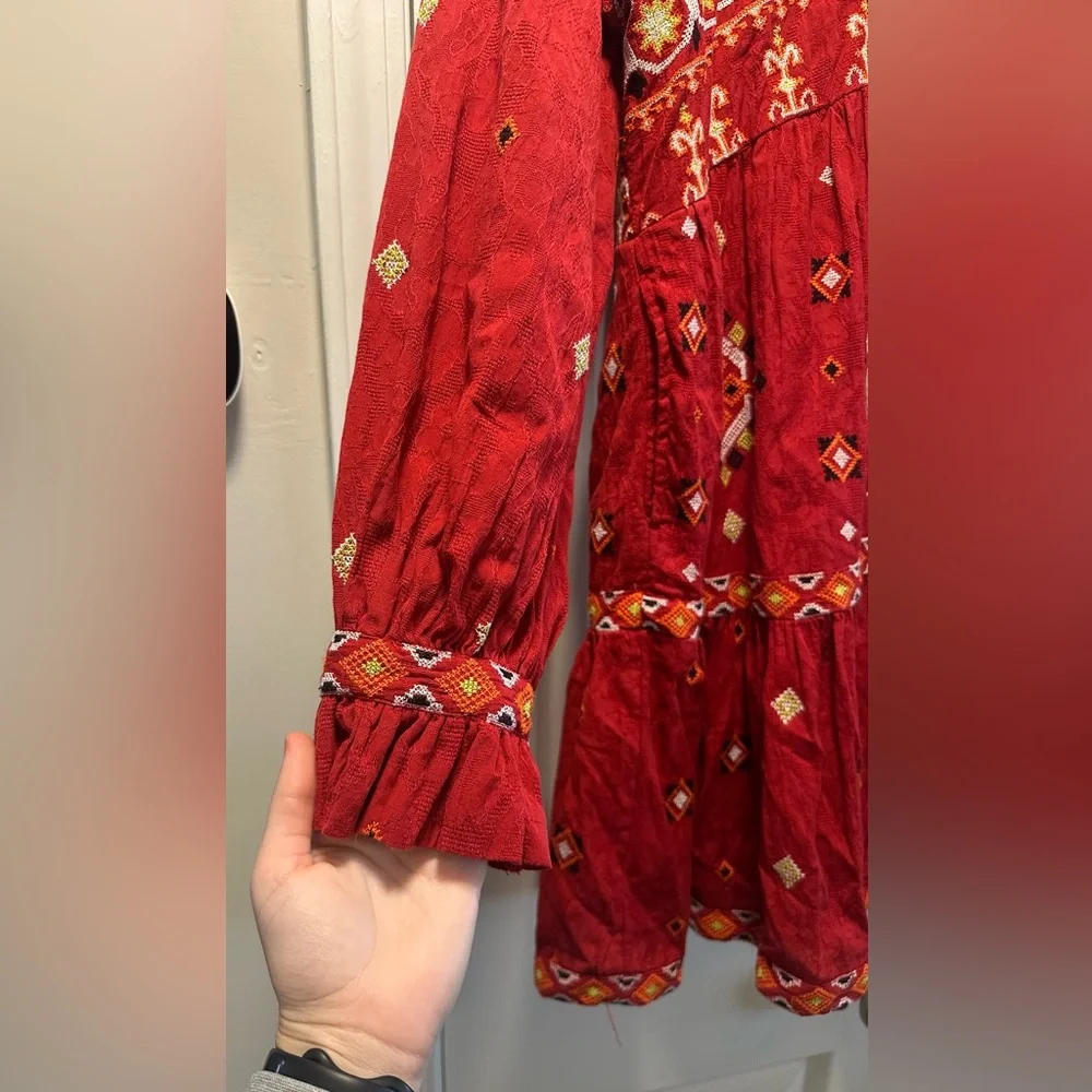 Anthropologie Red Bohemian Embroidered Dress - Picture 4 of 8